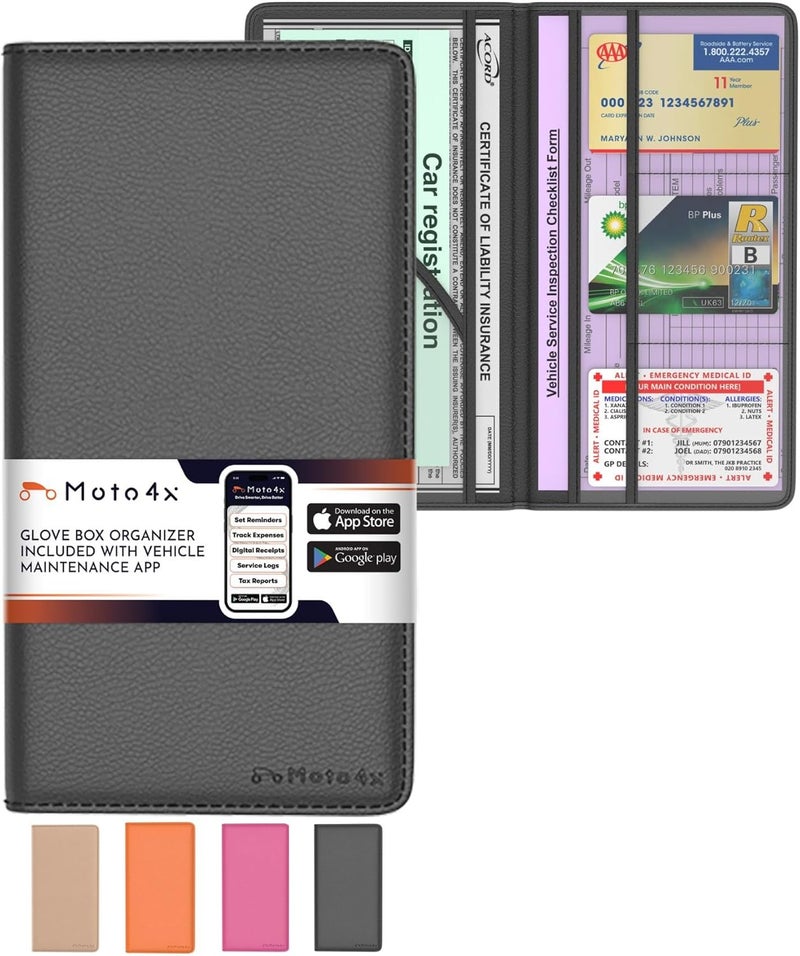 MOTO4X Premium Leather with Magnetic Shut Car Registration and Insurance Card Holder, Glove Box Organizer for License, Cards & Documents, a Car Wallet for All Vehicle Needs and Car Accessories: Black - Image 1